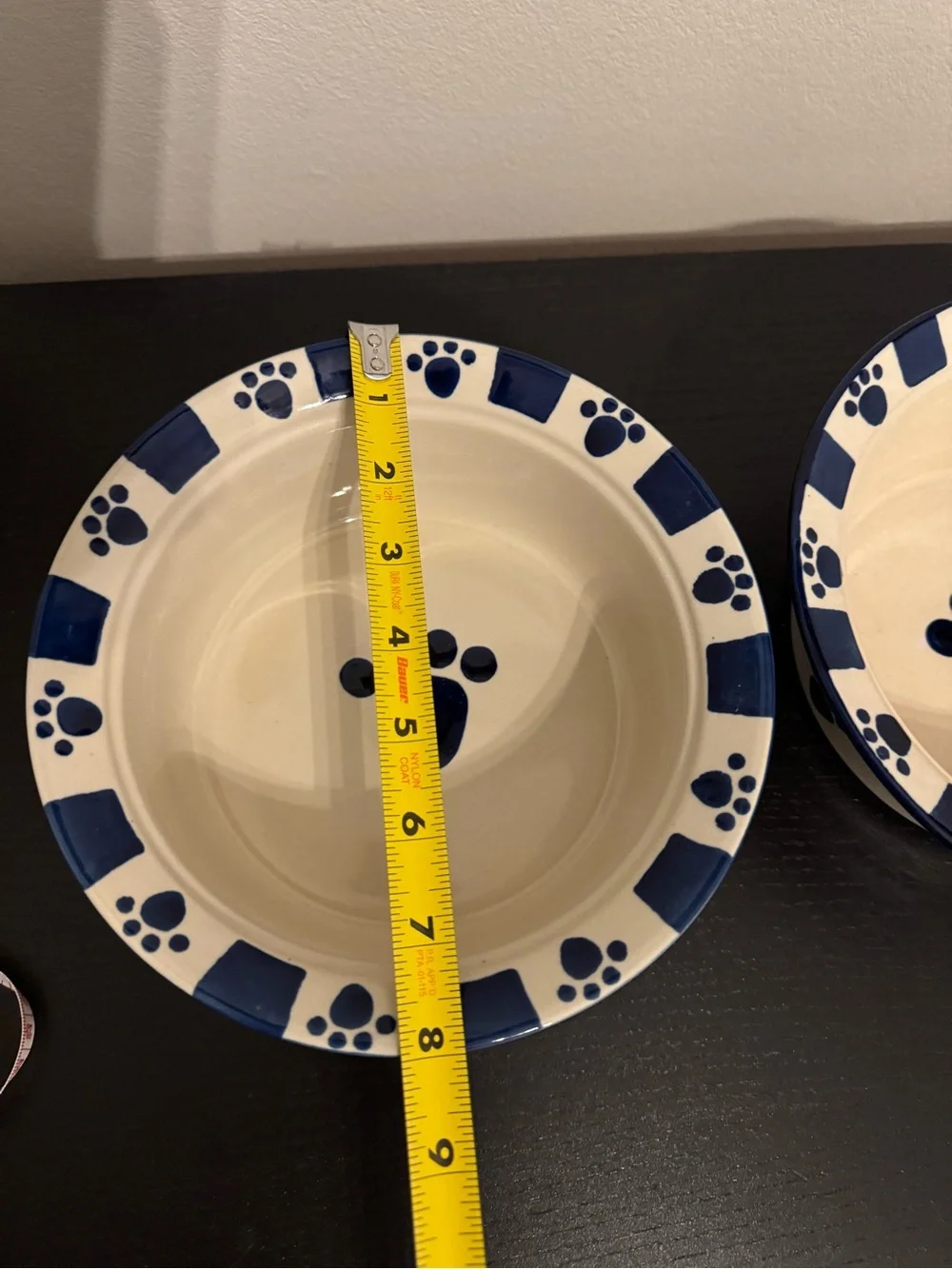 Vtg Petrageous Stoneware Pet Bowls Set 2 Navy Blue Cream Paw Print Dog Dishes
